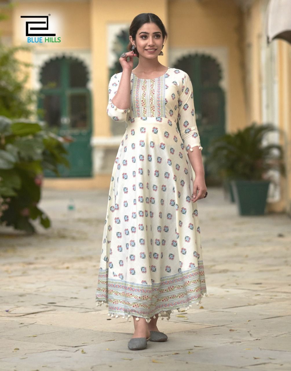 Blue Hills Pom Pom 3 Rayon Printed Ethnic Wear Long Anarkali Kurti Collection
